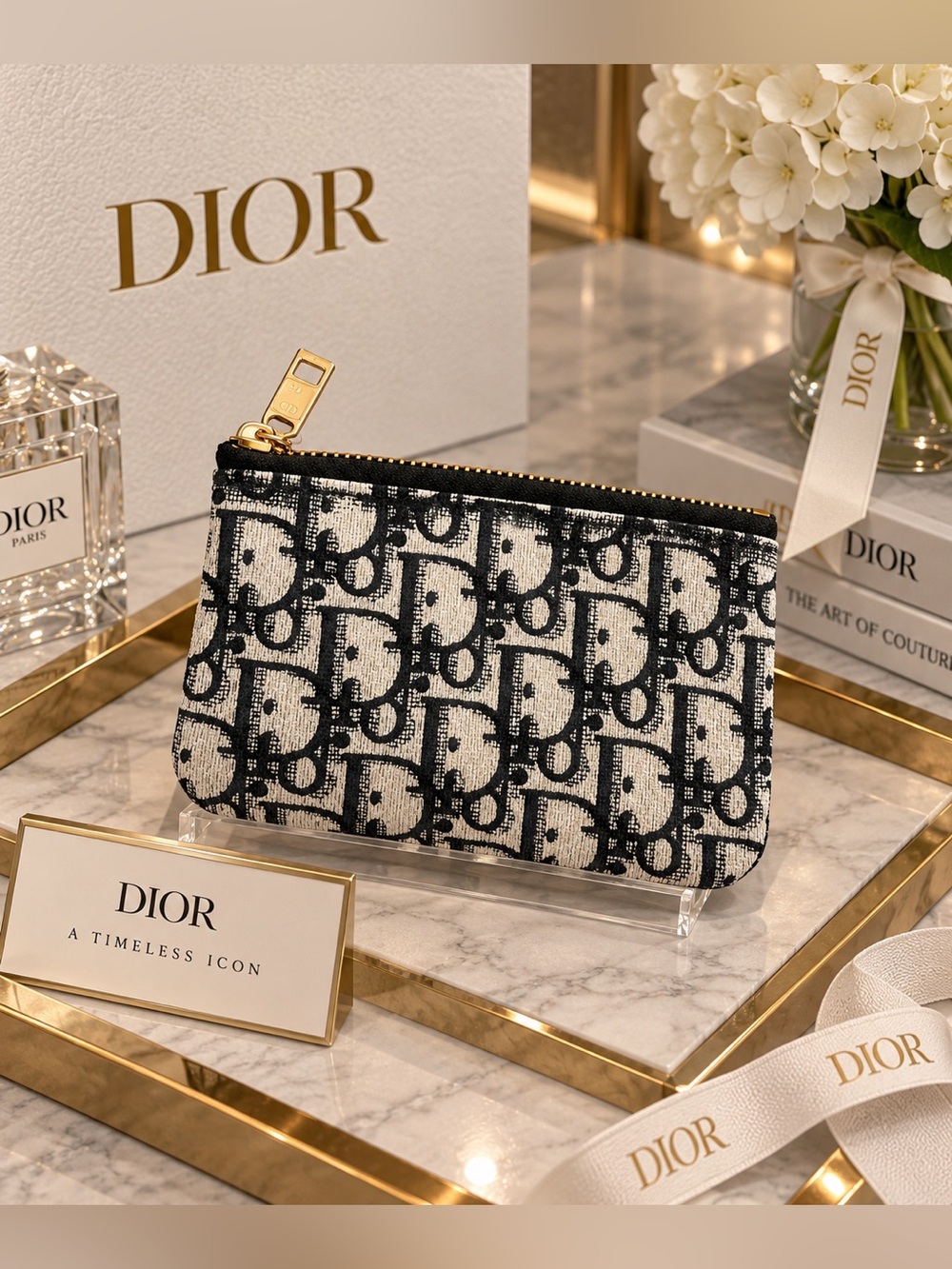 Black and Cream Monogram Zip Pouch